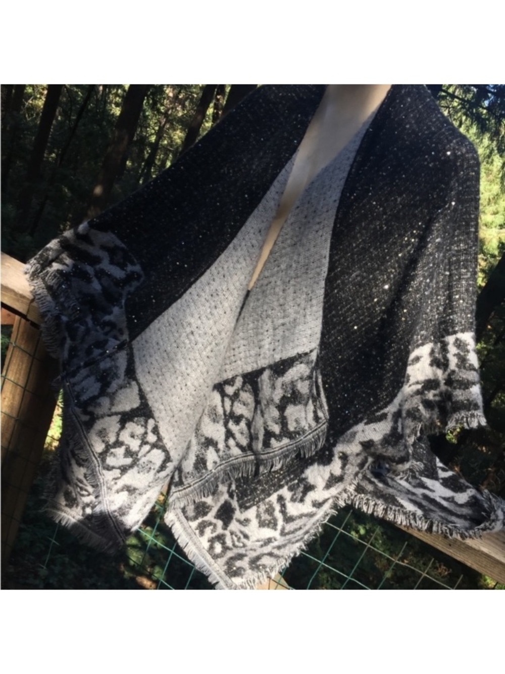 Vince Camuto Black and Gray Knit Fringe Cape with Patterned Border
